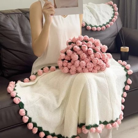 كروشية مفرش بوكيه الورد / شال الورد قطر 100 سم هاند ميد